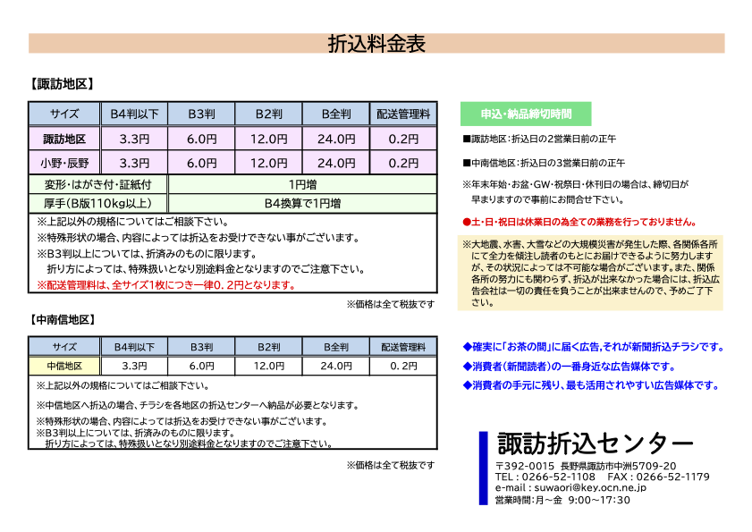 諏訪地区折込料金表